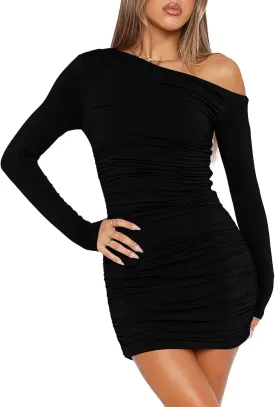 Amkoyam Women's 2025 Sexy Off Shoulder Dress Long Sleeve Bodycon Ruched Formal Cocktail Party Mini Dresses