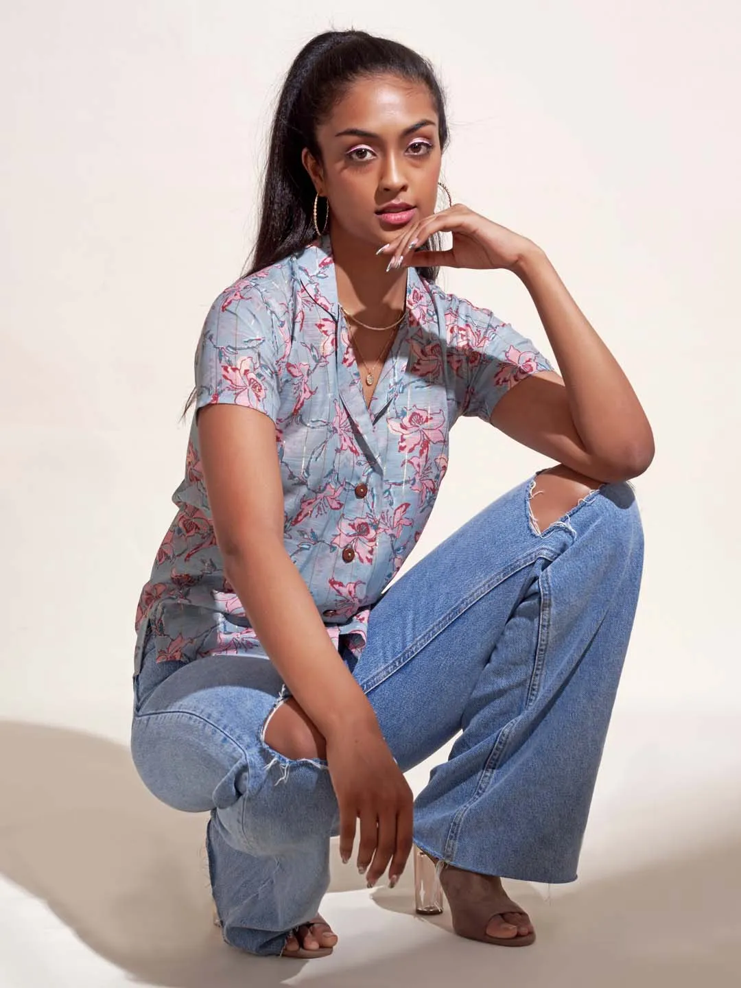 Aqua Green Floral Print Cotton Blend Straight Shirt