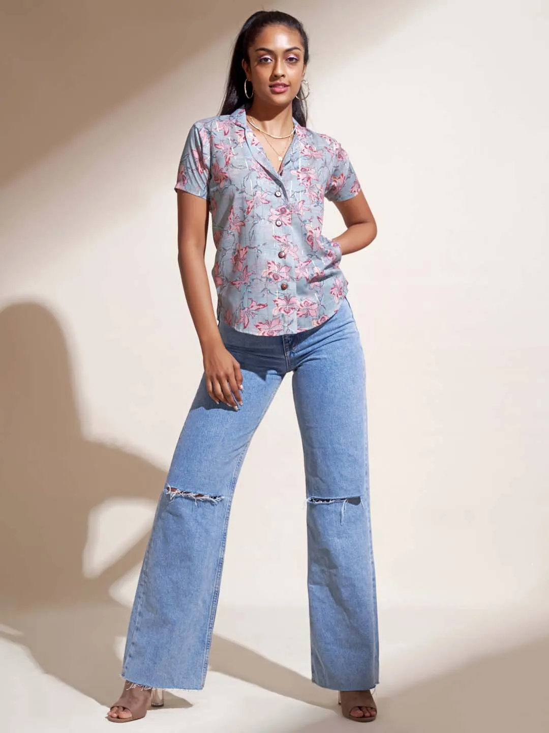Aqua Green Floral Print Cotton Blend Straight Shirt