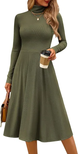 CFLONGE Women's Casual Ribbed Knit High Neck Dress Long Sleeve Fall Dress for Women 2025 Lightweight A Line Flare Dresses