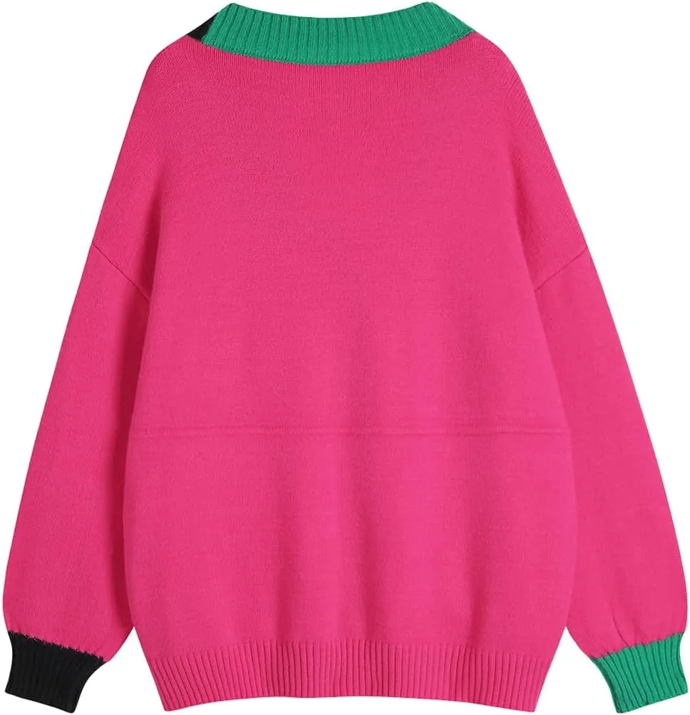 Ckikiou Fall Winter Oversized Long Sleeve Button Color Block Down Chunky Knitted Cardigan Sweater Top for Women