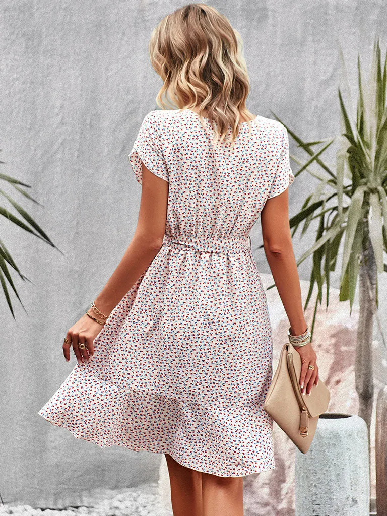 Crew Neck Floral Print Off  Short Sleeve Bohemia Holiday Dress For Women