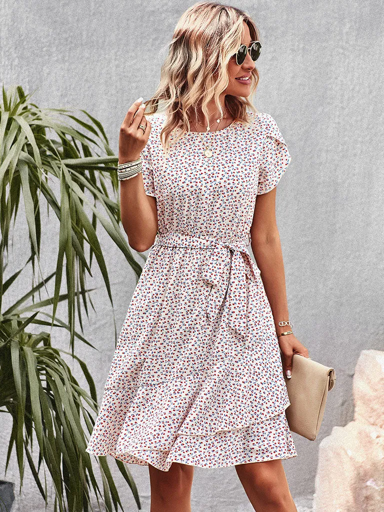 Crew Neck Floral Print Off  Short Sleeve Bohemia Holiday Dress For Women