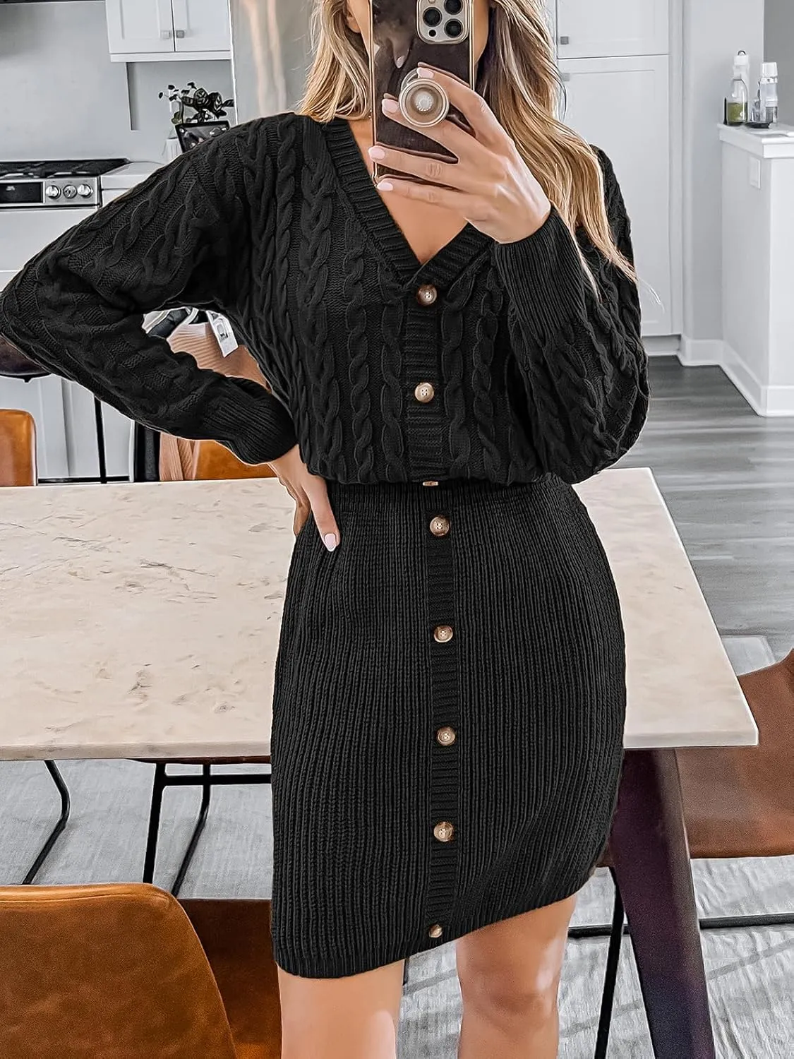 CUPSHE Women V Neck Long Sleeve Cable Knit Trendy Bodycon Pullover Mini Sweater Dress