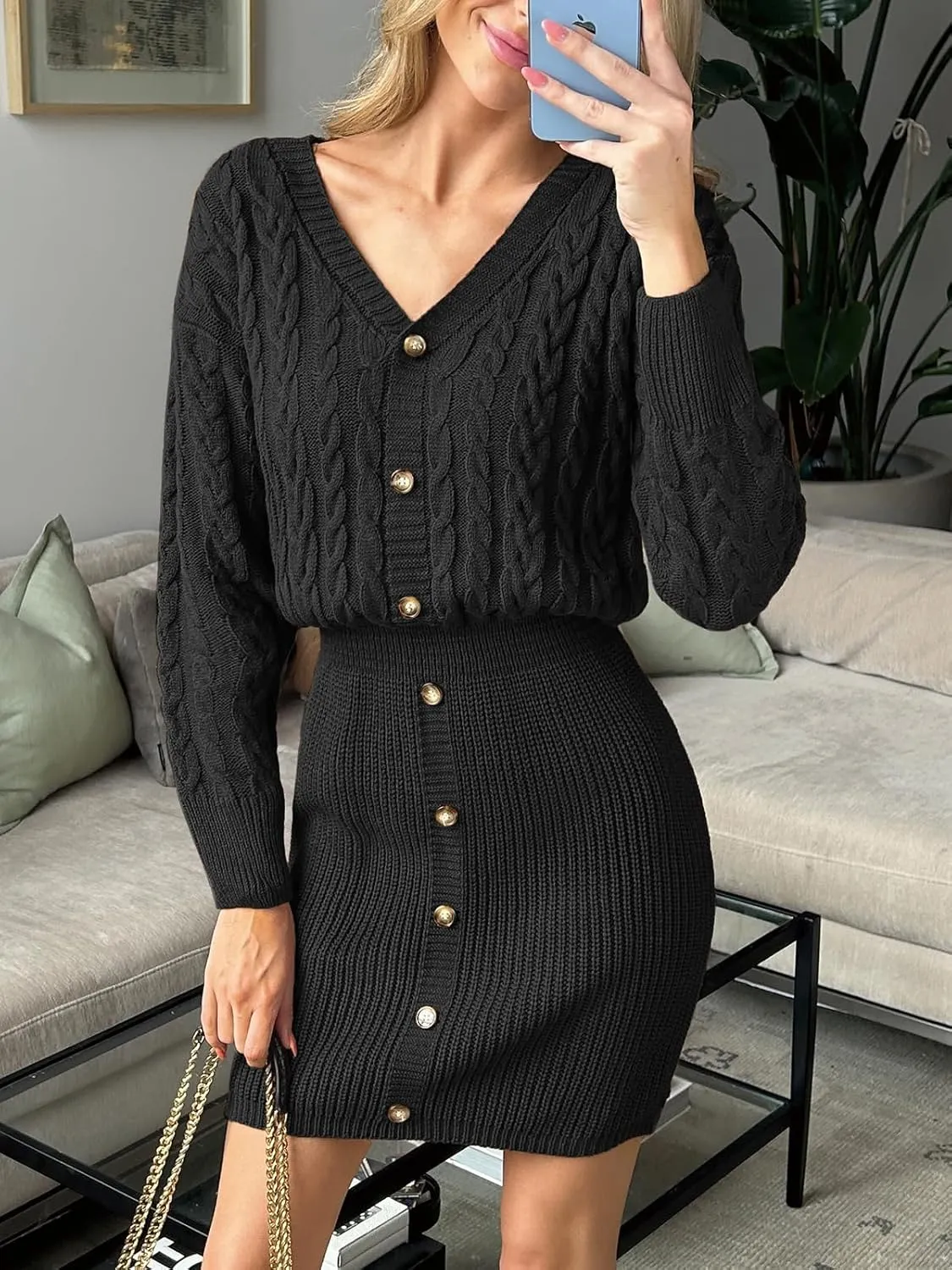 CUPSHE Women V Neck Long Sleeve Cable Knit Trendy Bodycon Pullover Mini Sweater Dress