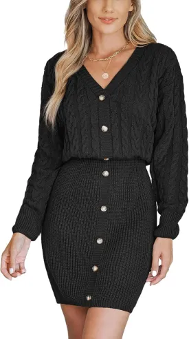CUPSHE Women V Neck Long Sleeve Cable Knit Trendy Bodycon Pullover Mini Sweater Dress