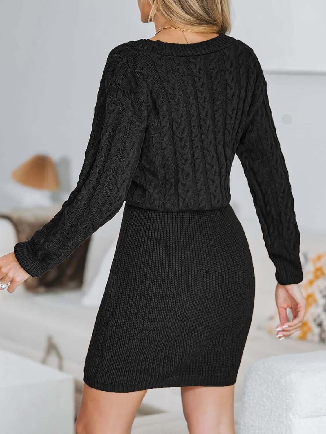 CUPSHE Women V Neck Long Sleeve Cable Knit Trendy Bodycon Pullover Mini Sweater Dress