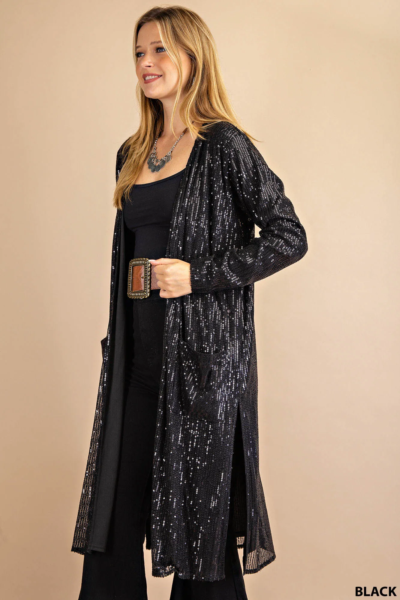 Elegant Black Sequined Duster
