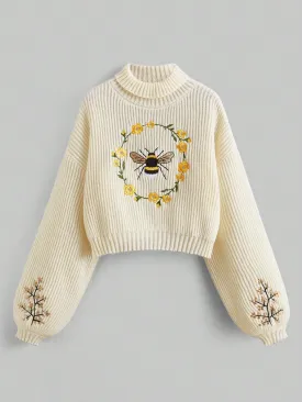 Fairycore Bee Embroidered Drop Shoulder Half Turtleneck Women's Sweater