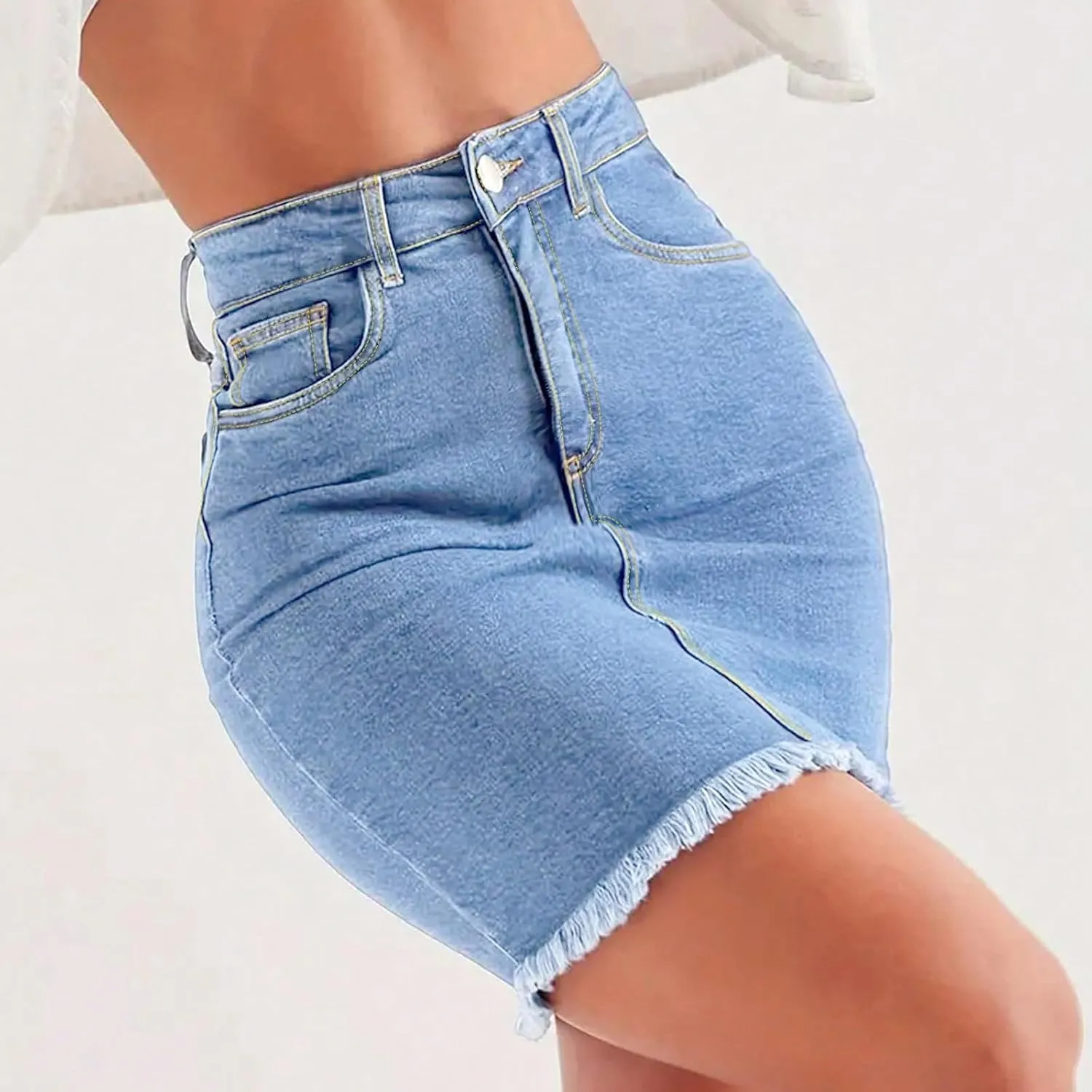 fanmpghleoo Denim Skirts for Women Short Frayed Hem Curvy Pencil Skirt High Waisted Summer Casual Jean Skirts with Pockets