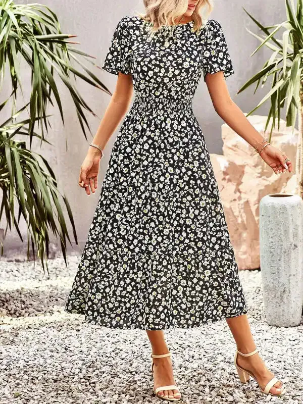 Floral Dress Summer Temperament Elegant Waist Short Sleeve Long Dress