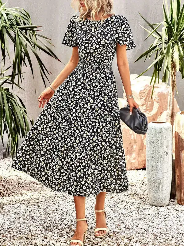 Floral Dress Summer Temperament Elegant Waist Short Sleeve Long Dress