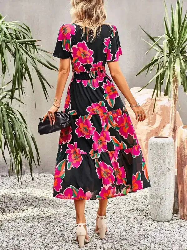 Floral Dress Summer Temperament Elegant Waist Short Sleeve Long Dress