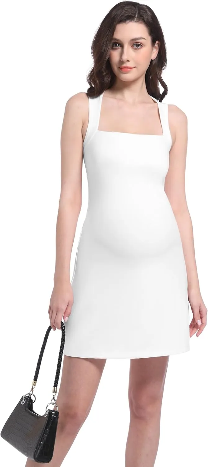 Foucome Maternity Tennis Dress Square Neck Athletic Dress Sleeveless Tank Dress Stretch A-line Mini Dresses