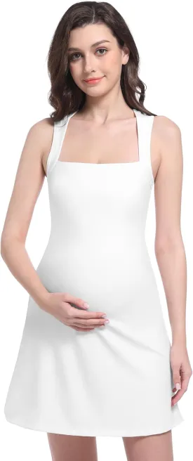 Foucome Maternity Tennis Dress Square Neck Athletic Dress Sleeveless Tank Dress Stretch A-line Mini Dresses