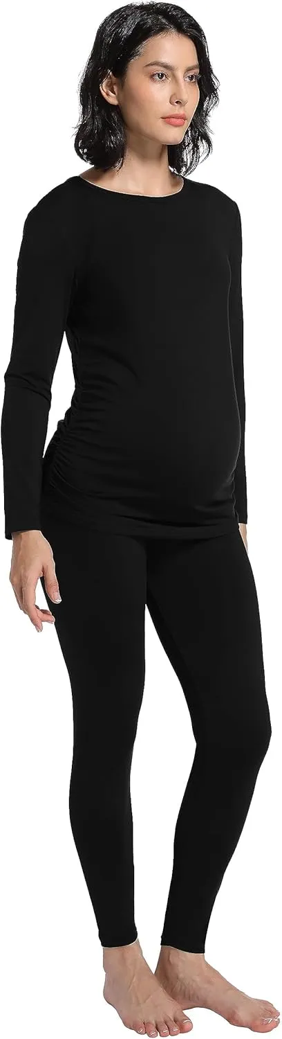Foucome Maternity Thermal Underwear Set Long Johns Base Layer Fleece Lined Top and Bottom Pajamas for Pregnant Women