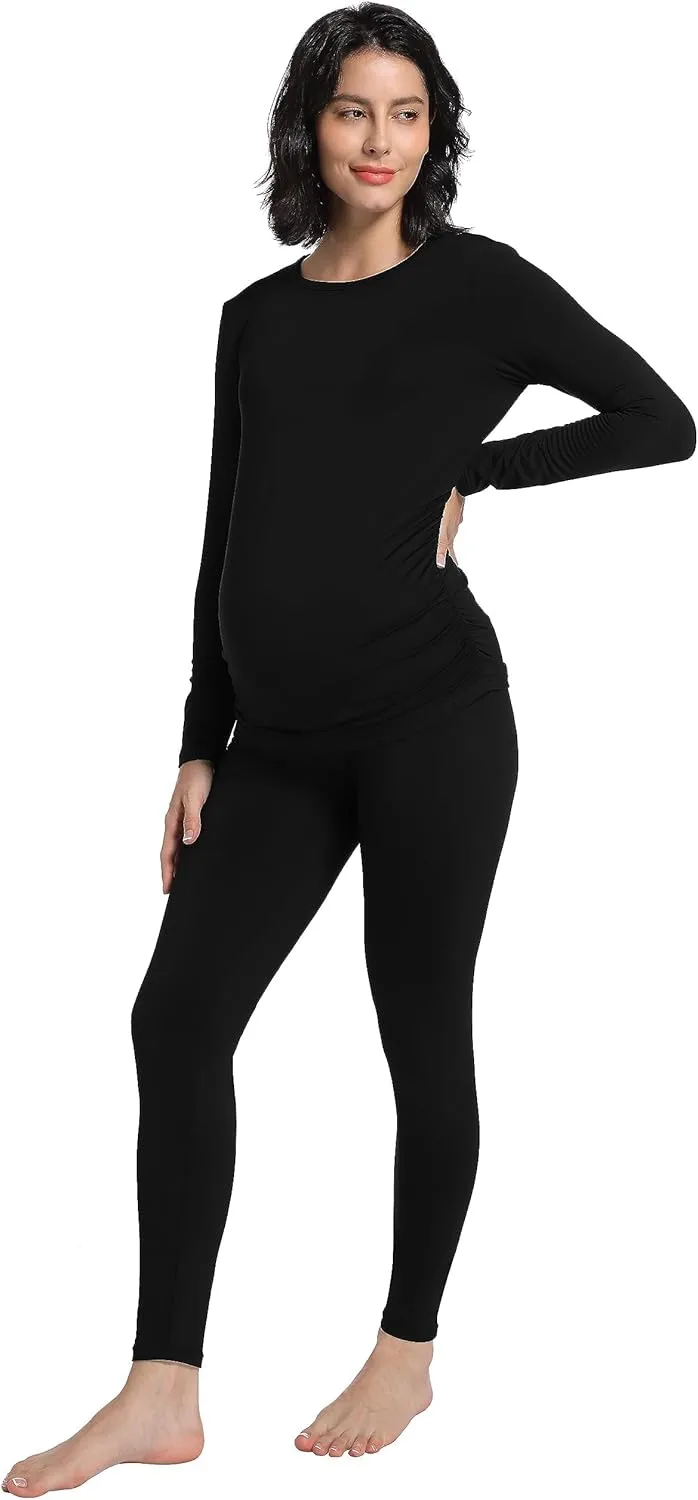 Foucome Maternity Thermal Underwear Set Long Johns Base Layer Fleece Lined Top and Bottom Pajamas for Pregnant Women