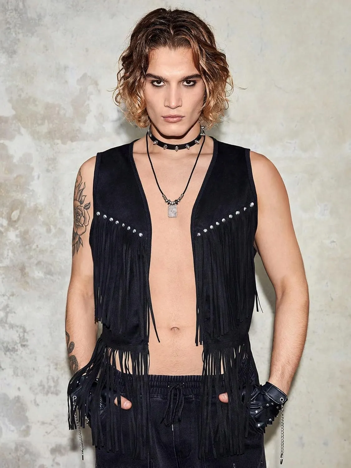 GORGLITTER Men's Fringe Western Vest Open Front Cowboy Vest Jacket 70s Outfits Tassel Tops
