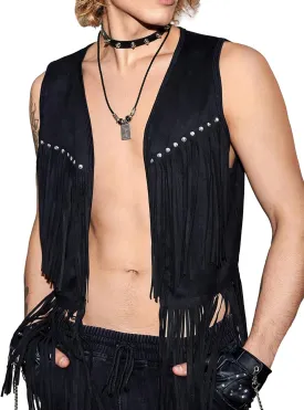 GORGLITTER Men's Fringe Western Vest Open Front Cowboy Vest Jacket 70s Outfits Tassel Tops