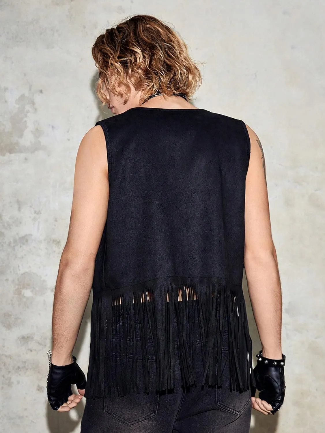 GORGLITTER Men's Fringe Western Vest Open Front Cowboy Vest Jacket 70s Outfits Tassel Tops