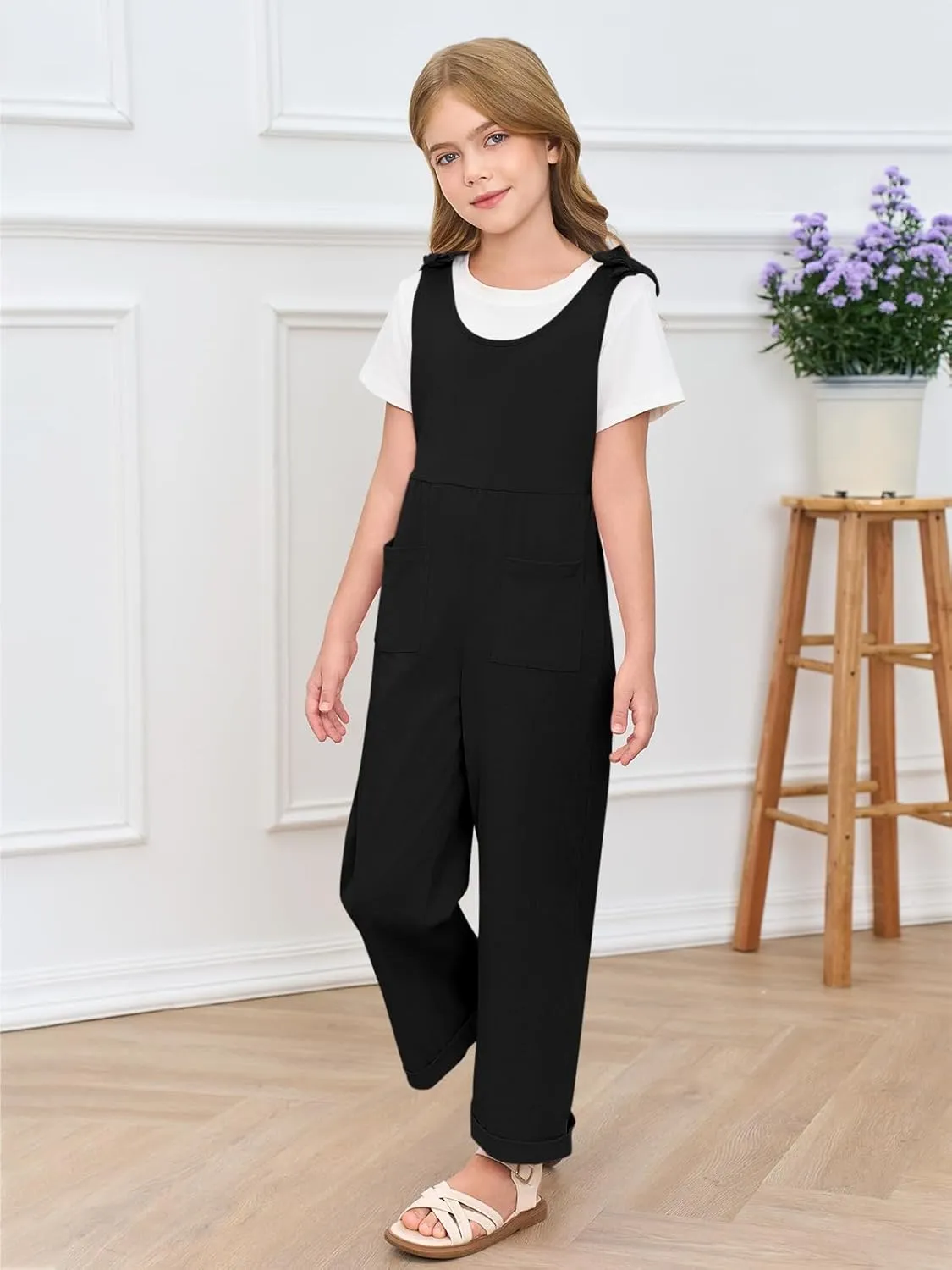Haloumoning Girls Sleeveless Jumpsuit Kids Casual Bowknot Strap Wide Leg Loose Romper with Pockets 5-14 Years
