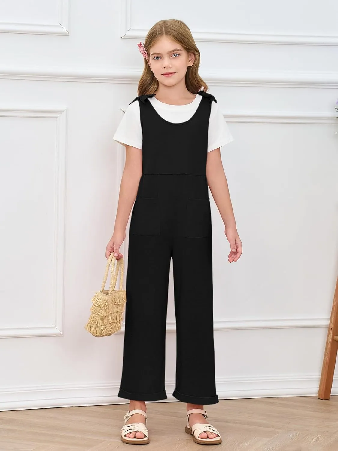 Haloumoning Girls Sleeveless Jumpsuit Kids Casual Bowknot Strap Wide Leg Loose Romper with Pockets 5-14 Years
