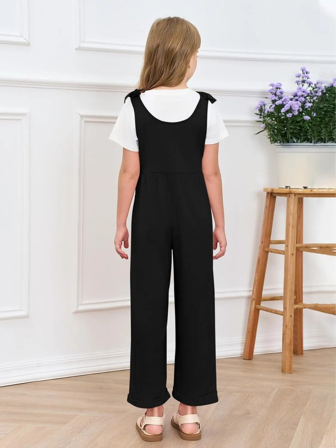 Haloumoning Girls Sleeveless Jumpsuit Kids Casual Bowknot Strap Wide Leg Loose Romper with Pockets 5-14 Years