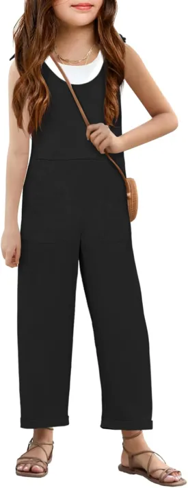 Haloumoning Girls Sleeveless Jumpsuit Kids Casual Bowknot Strap Wide Leg Loose Romper with Pockets 5-14 Years