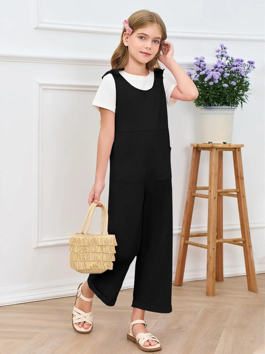 Haloumoning Girls Sleeveless Jumpsuit Kids Casual Bowknot Strap Wide Leg Loose Romper with Pockets 5-14 Years