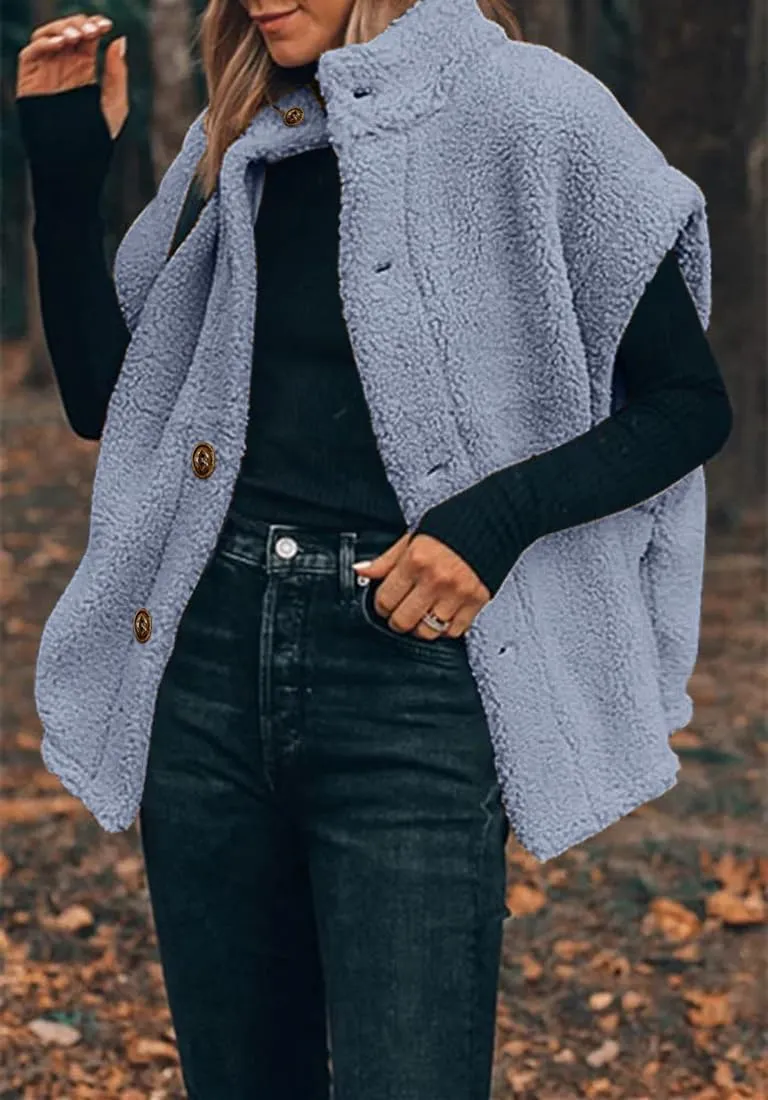 Hongqizo Womens Fuzzy Fleece Vest Casual Oversized Warm Button Down Sherpa Vest Jacket with Pockets