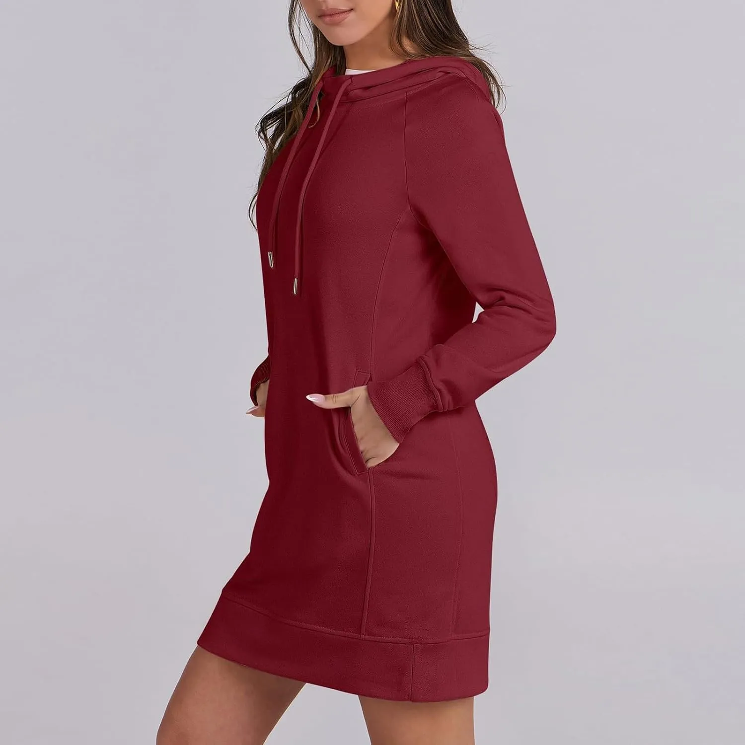 Hoodie Dress for Women Athleisure Drawstring Hooded Sweatshirt Dress Casual Long Sleeve Tunic Dress with Pockets