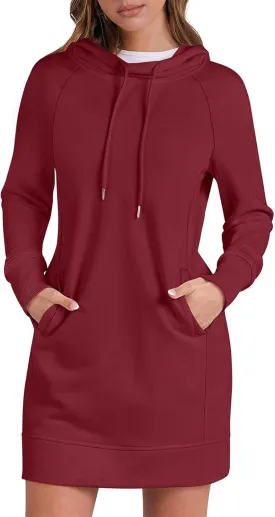 Hoodie Dress for Women Athleisure Drawstring Hooded Sweatshirt Dress Casual Long Sleeve Tunic Dress with Pockets