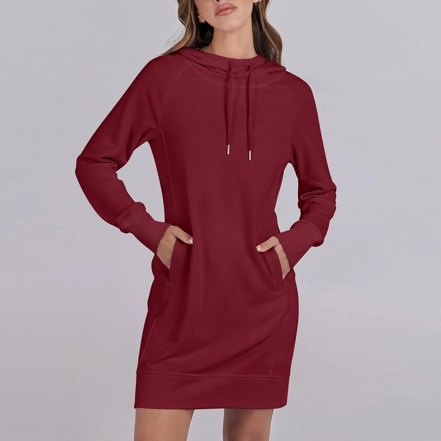 Hoodie Dress for Women Athleisure Drawstring Hooded Sweatshirt Dress Casual Long Sleeve Tunic Dress with Pockets