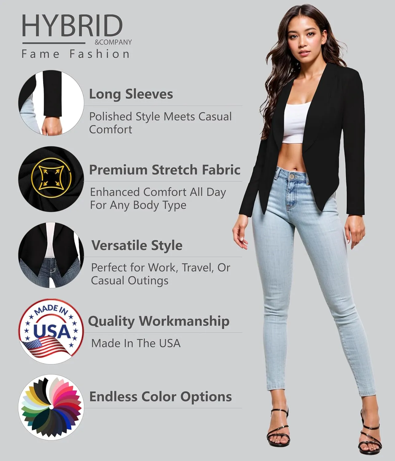 Hybrid & Company Womens Casual Work Office Blazer Open Front Heavy Ponti Shawl Collar Long Sleeve Jacket