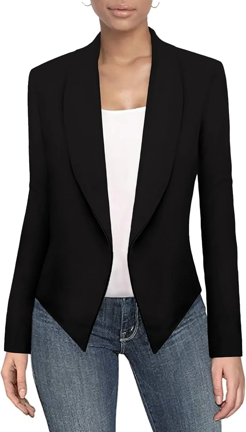 Hybrid & Company Womens Casual Work Office Blazer Open Front Heavy Ponti Shawl Collar Long Sleeve Jacket