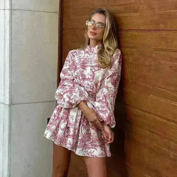 Ink Print Long Sleeve Floral Short Mini Skater Dress With Fashion Puffy Sleeve Lapel Tie A-Line Dress Clothing