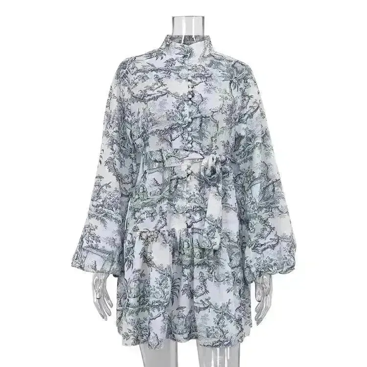 Ink Print Long Sleeve Floral Short Mini Skater Dress With Fashion Puffy Sleeve Lapel Tie A-Line Dress Clothing