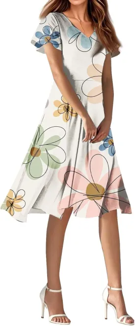 Knee Length Dress for Women Bohemian Summer Short Sleeve Summer 2025 V Neck Modest Sundress Floral Dress