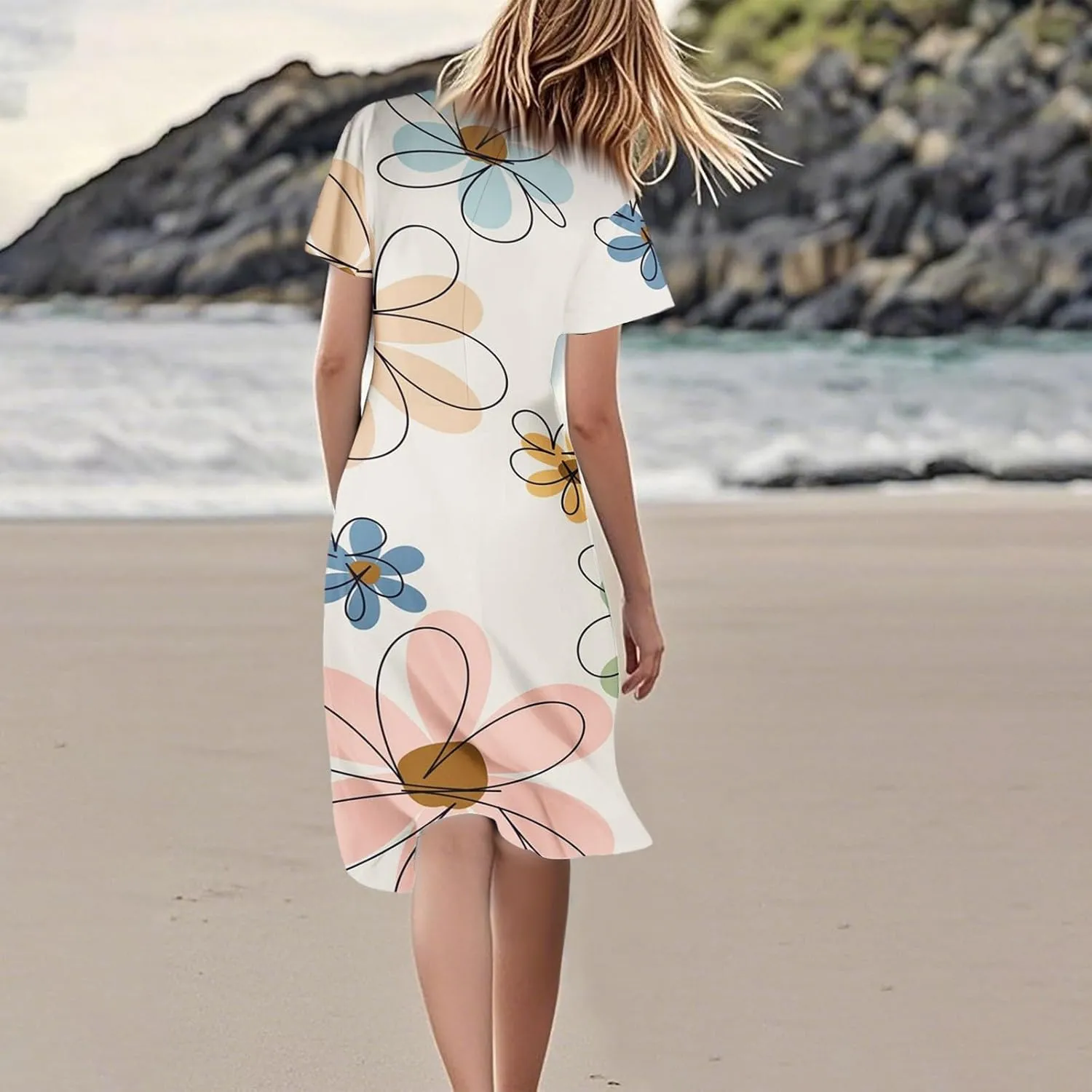 Knee Length Dress for Women Bohemian Summer Short Sleeve Summer 2025 V Neck Modest Sundress Floral Dress