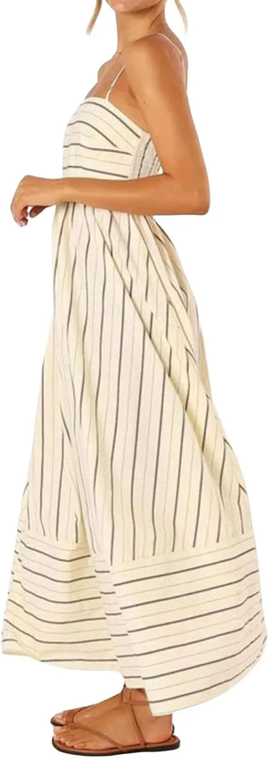 Kubbon Maxi Dress for Women Sleeveless Striped Sundress Spaghetti Strap Boho Long Dresses Flowy Swing Beach A Line Dress