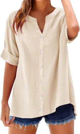 Linen Tops for Women Button Down Sleeveless V Neck Loose Fit Shirts Summer Casual Plus Size Lightweight Blouses