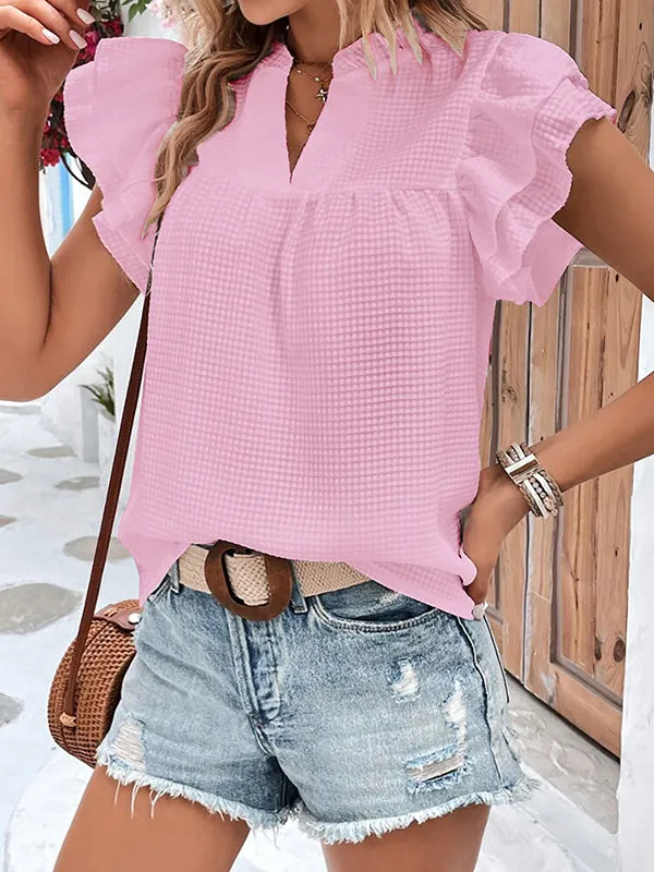 Loose Short Sleeves Ruffle Trim Solid Color Split-Joint V-Neck Blouses&Shirts Tops