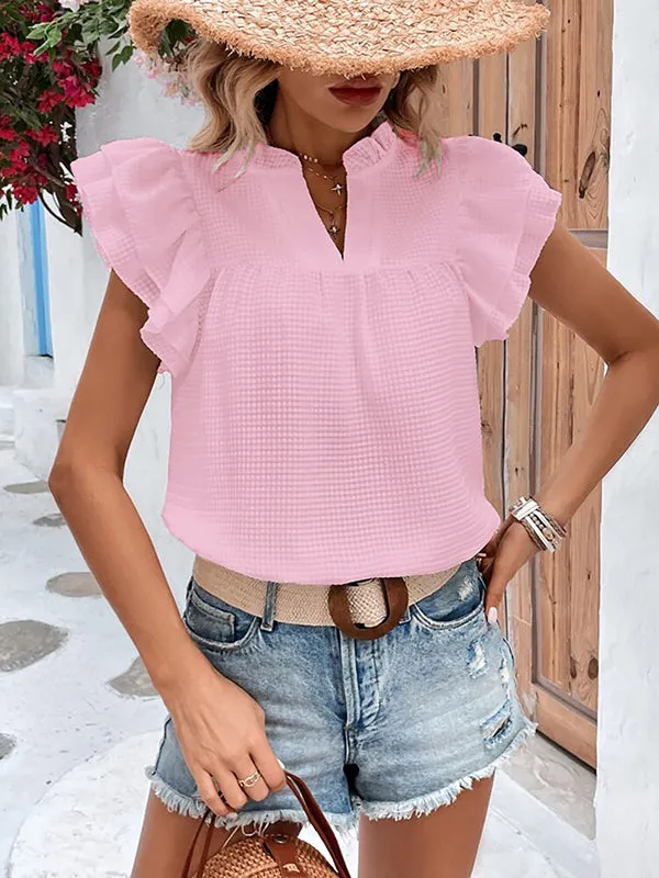 Loose Short Sleeves Ruffle Trim Solid Color Split-Joint V-Neck Blouses&Shirts Tops