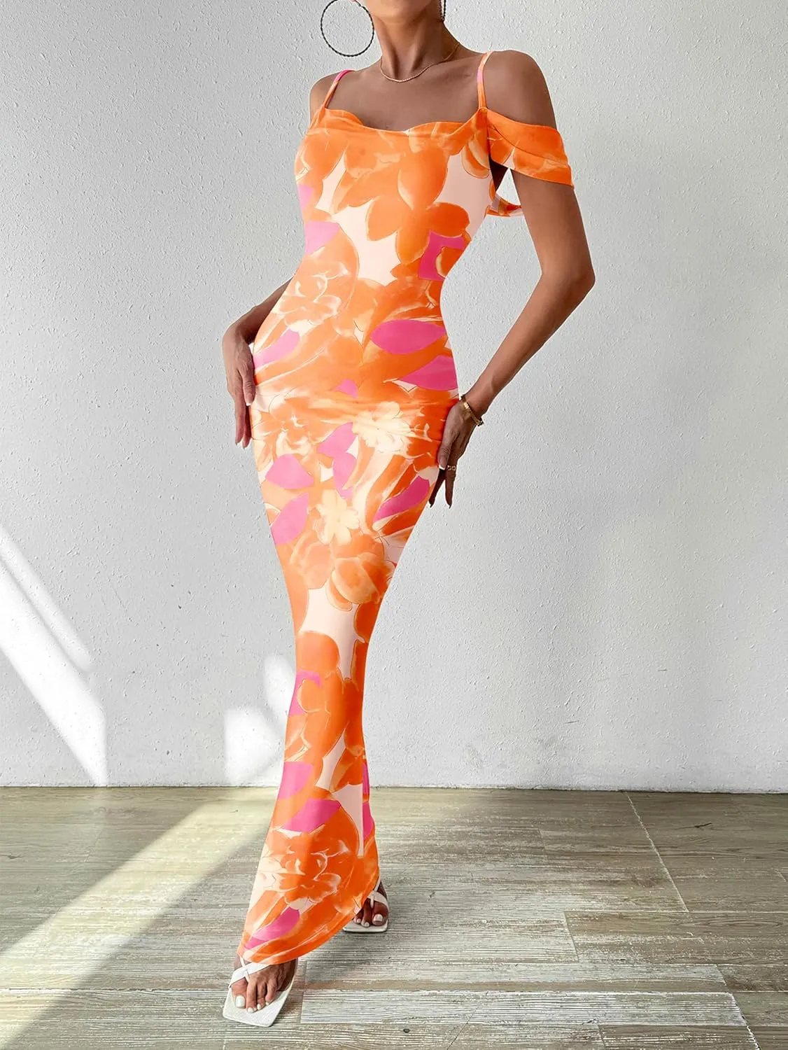 MASCOMODA Spaghetti Strap Long Maxi Dresses for Women 2025 Summer Floral Sexy Bodycon Backless Formal Wedding Guest Dress