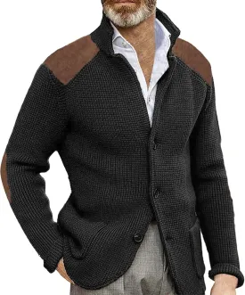 Men's Cable Knit Cardigan Sweater Western Vintage Button-Up Casual Chunky Thermal Sweatshirt Coats with Elbow Patches