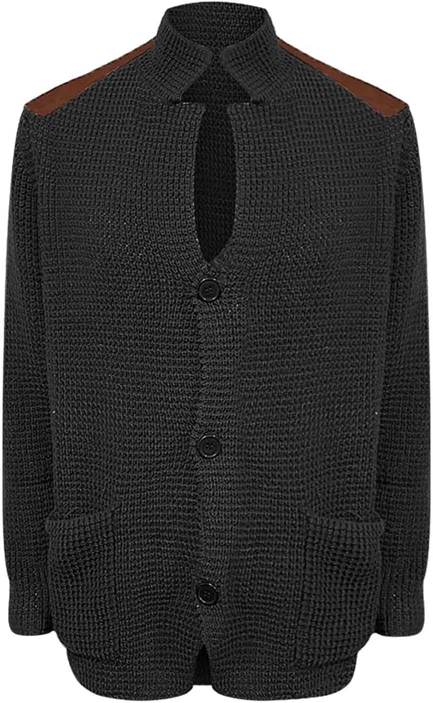 Men's Cable Knit Cardigan Sweater Western Vintage Button-Up Casual Chunky Thermal Sweatshirt Coats with Elbow Patches
