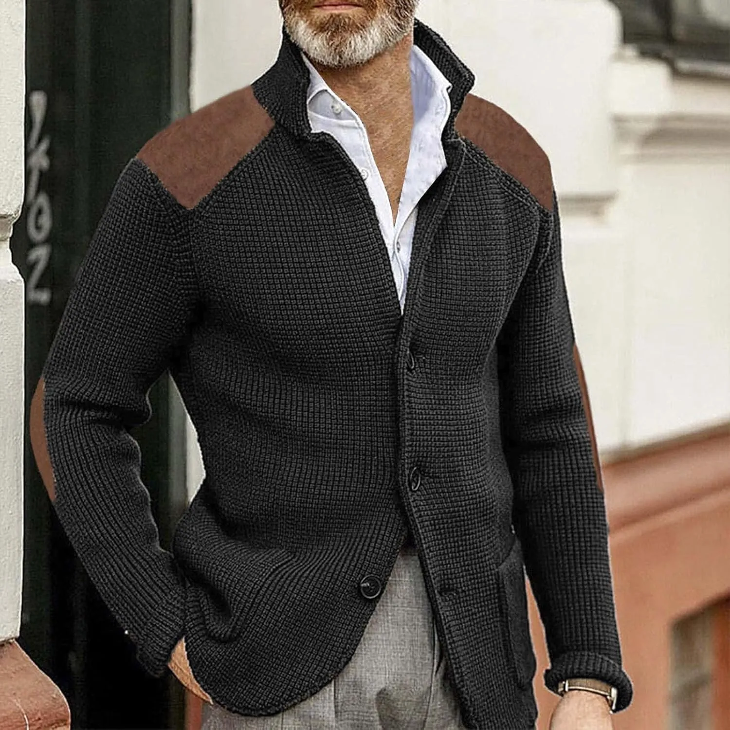 Men's Cable Knit Cardigan Sweater Western Vintage Button-Up Casual Chunky Thermal Sweatshirt Coats with Elbow Patches