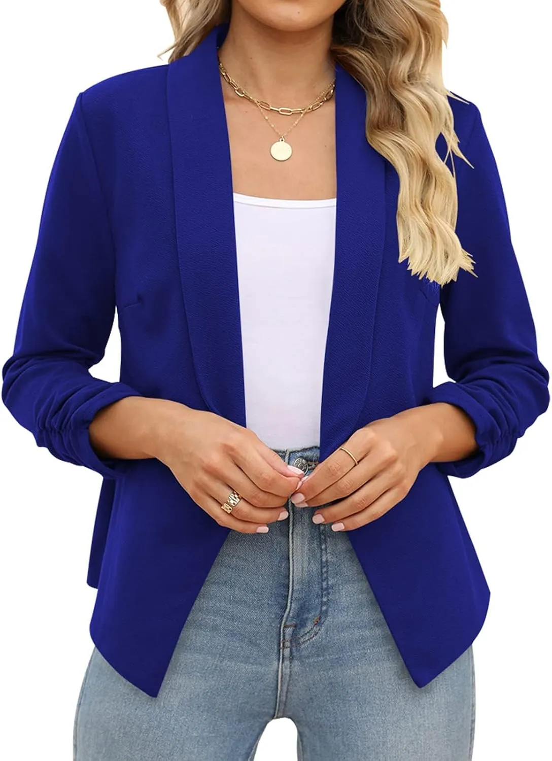 POGTMM Women 3/4 Sleeve Blazer Open Front Cardigan Jacket Work Office Blazer