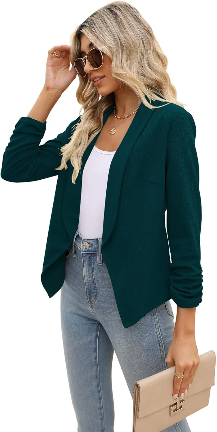 POGTMM Women 3/4 Sleeve Blazer Open Front Cardigan Jacket Work Office Blazer