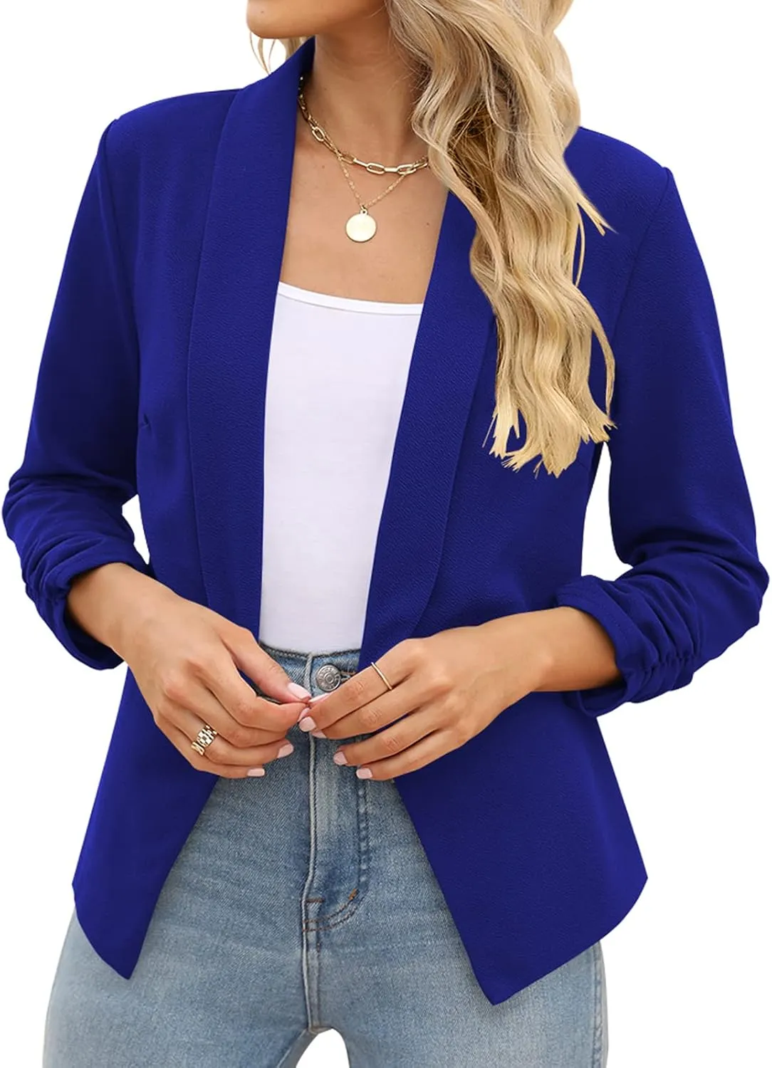 POGTMM Women 3/4 Sleeve Blazer Open Front Cardigan Jacket Work Office Blazer